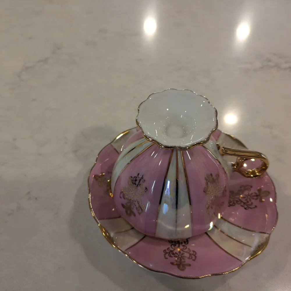 Elegant Pink and Gold Teacup and Saucer Set
